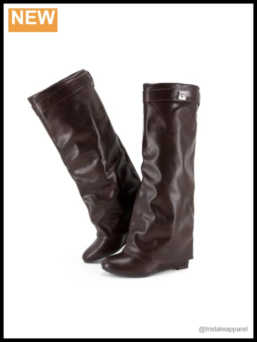 Faux Leather Knee High Shark Boots Fold Over Wedge Heel Wide Calf Women